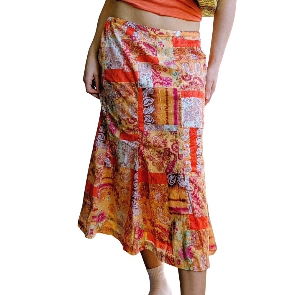 NWT Vintage Y2K Earthy Whimsy Cottage Orange Paisley Floral Patchwork Midi Skirt